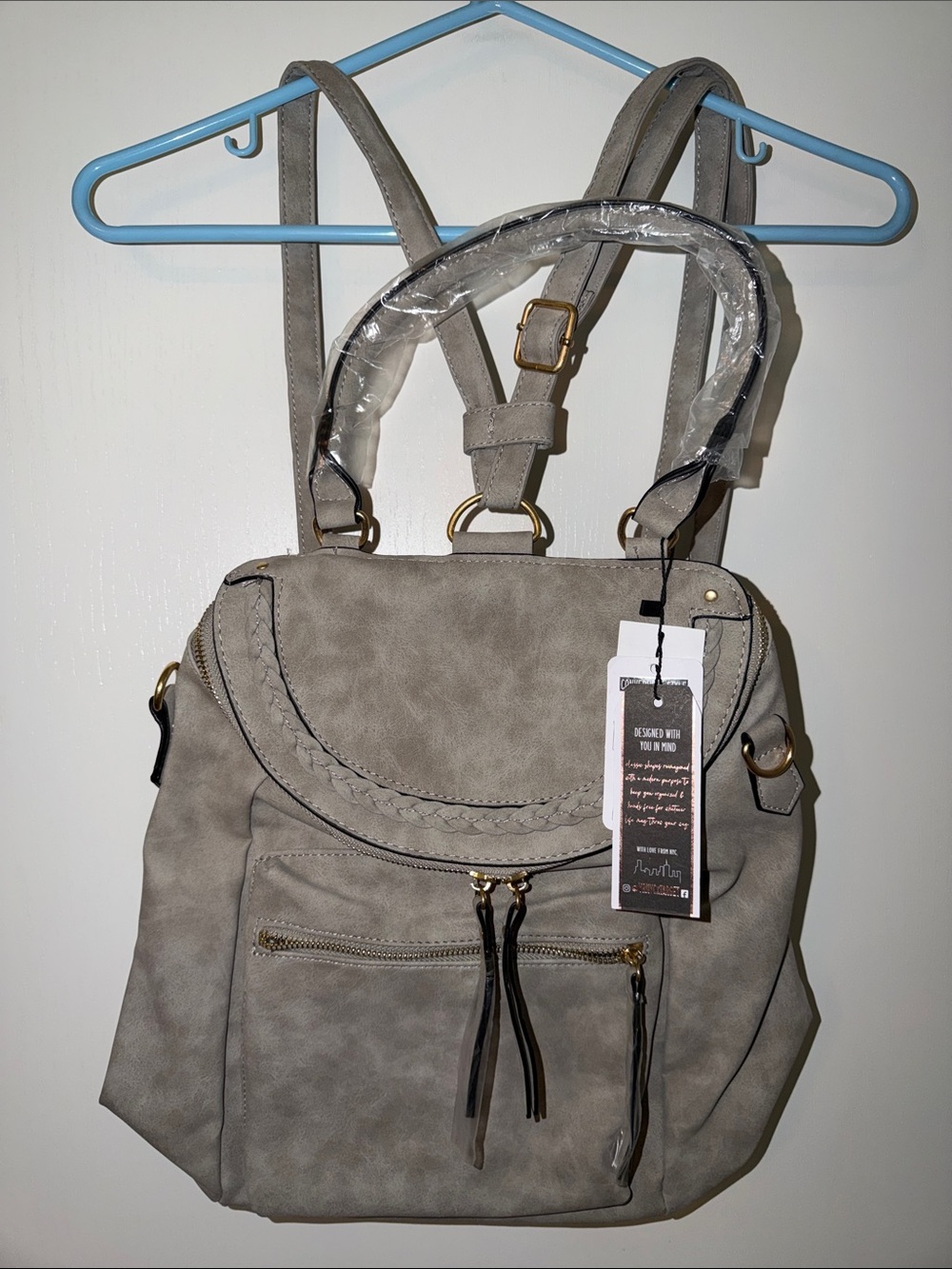 VR NYC Women’s Gray Faux Suede Mini Convertible Backpack Purse w/ Gold Hardware